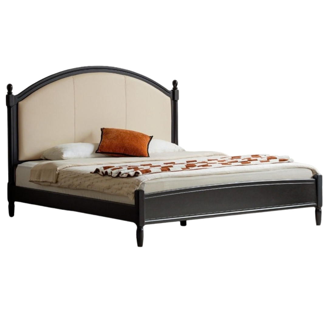 Rubberwood Solid Wood French Country Bed with Arched Upholstered Headboard