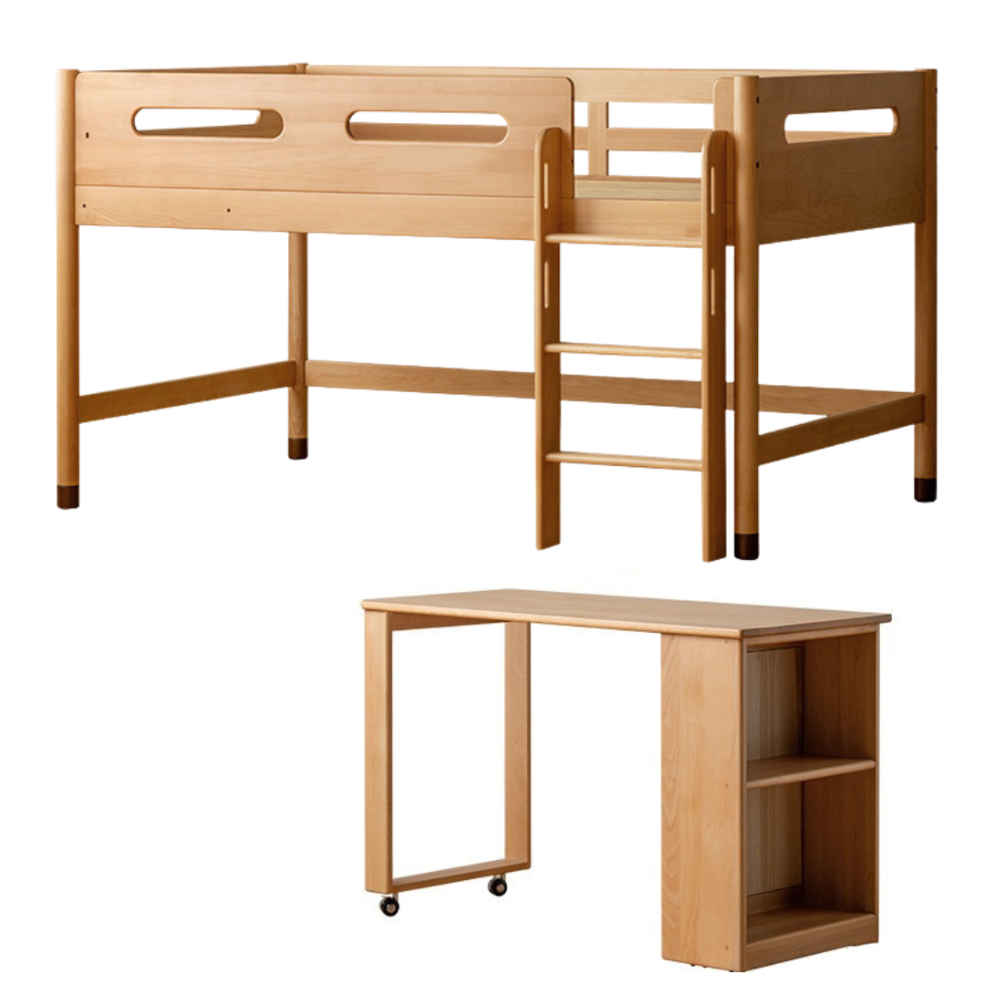Beech Nordic Children's Solid Wood Loft Bed, Modern Minimalist Multifunctional Combination Bed with Table