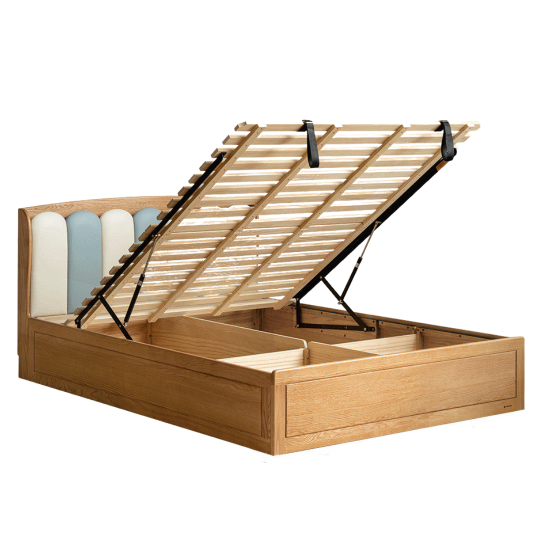 Oak Solid Wood Kids Bed with Adjustable Channel-Tufted Headboard and Gas-Lift Storage