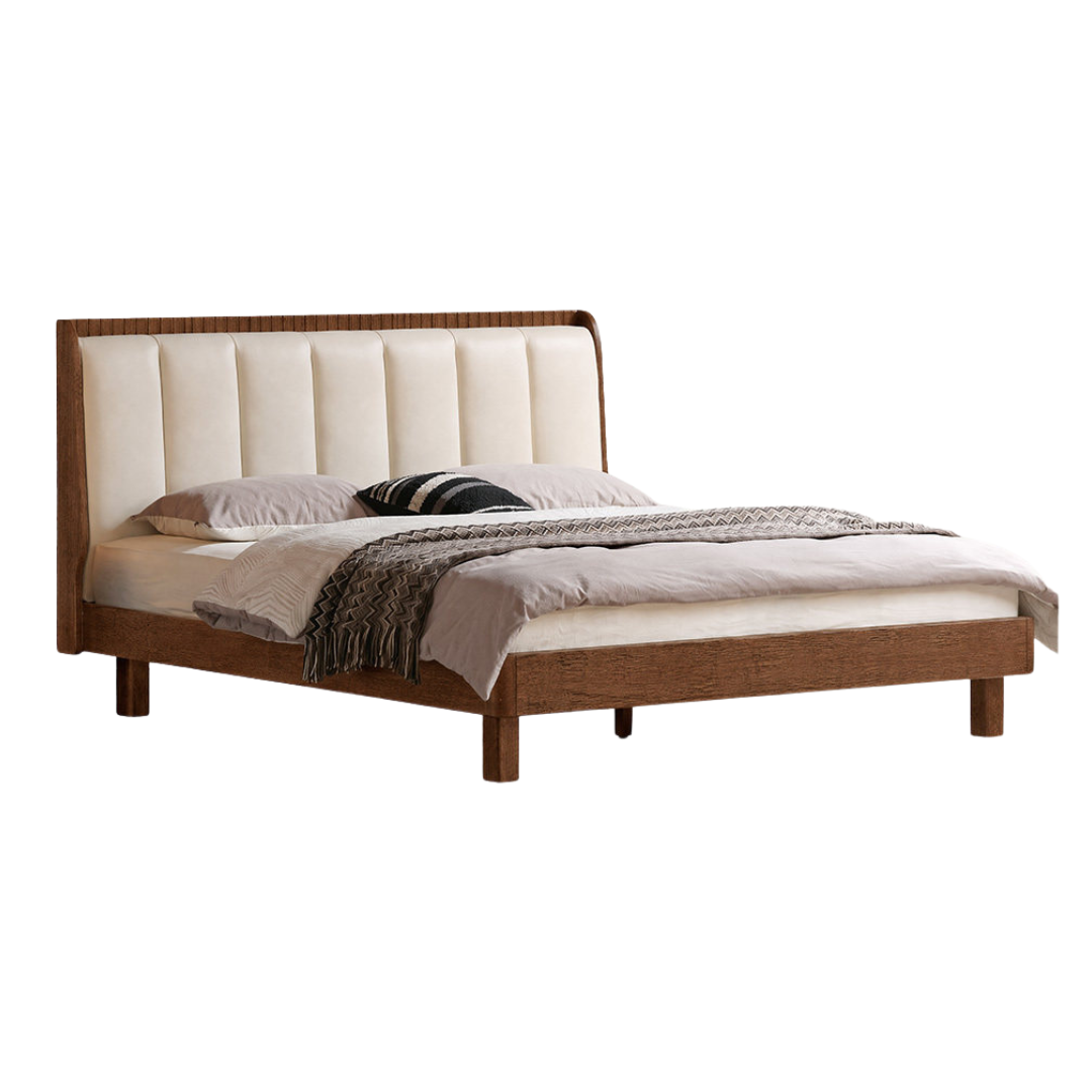 Black Walnut, Golden Sandalwood Solid Wood Genuine Leather Extra Tall Vertical Channel Tufted Platform Bed
