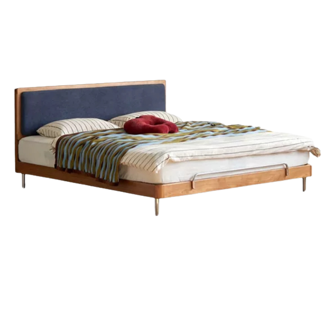 Birch Solid Wood Bauhaus Bed with Chenille Upholstered Headboard and Stainless Steel Legs