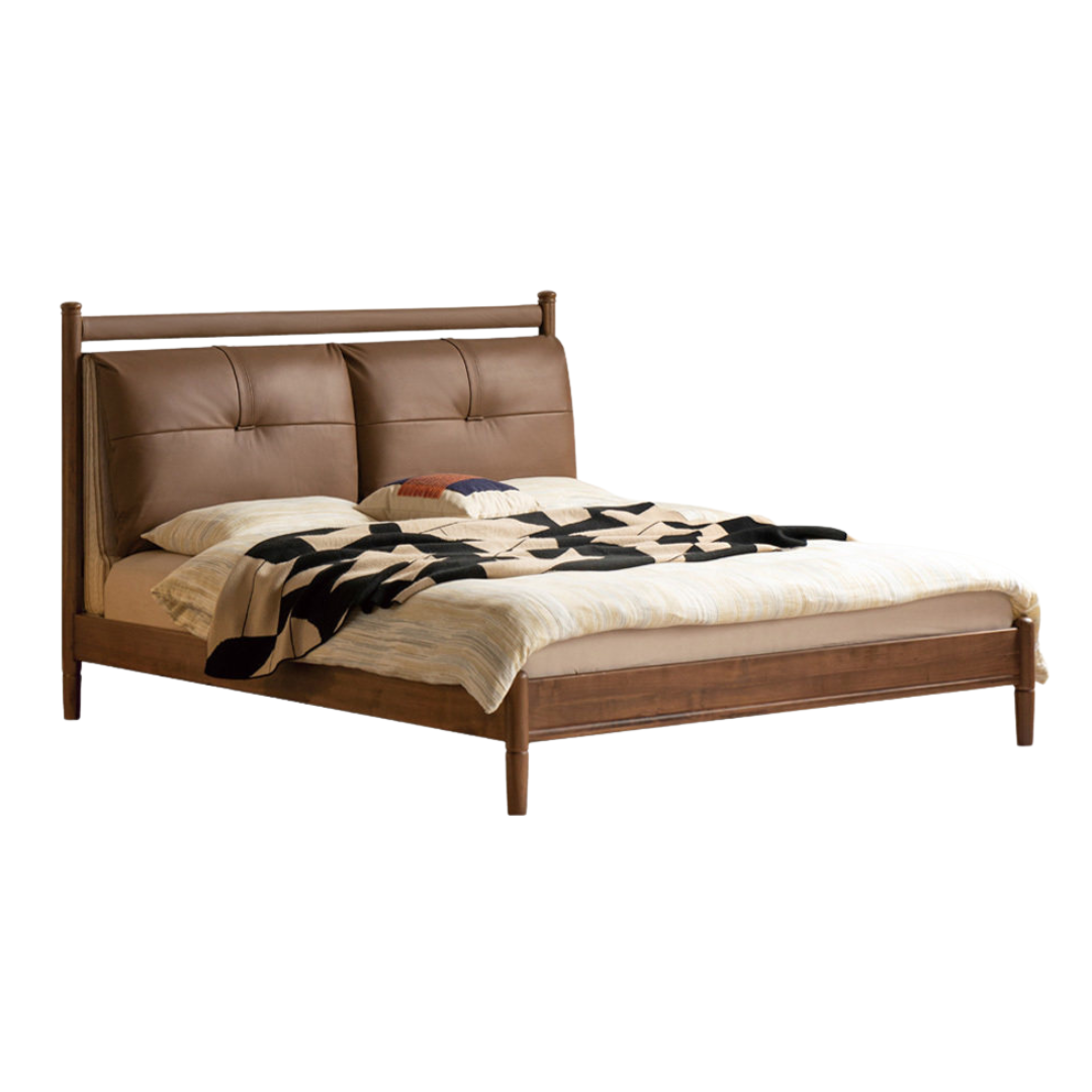 Black Walnut Solid Wood Bed with Plush Genuine Leather Cushioned Headboard