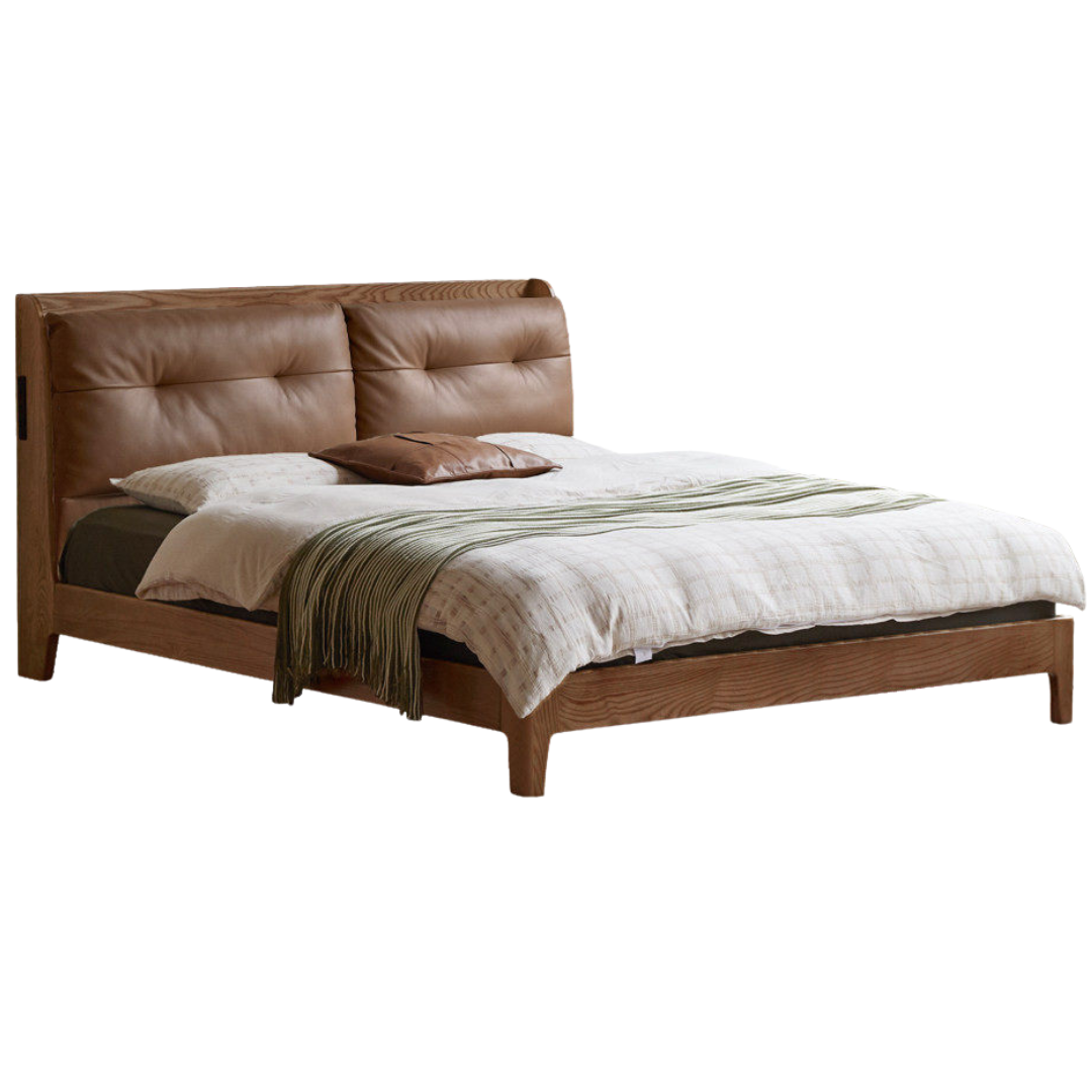 Ash Solid Wood Modern Leather Tufted Platform Bed with USB Charging Port