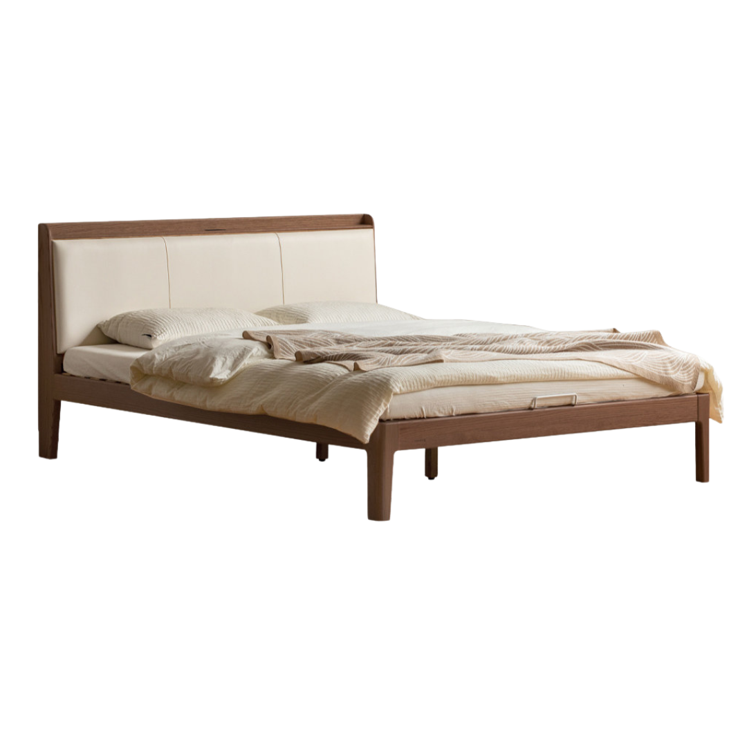 Golden Rosewood Solid Wood Modern Bed with Leather Upholstered Headboard and Built-In Power Outlets