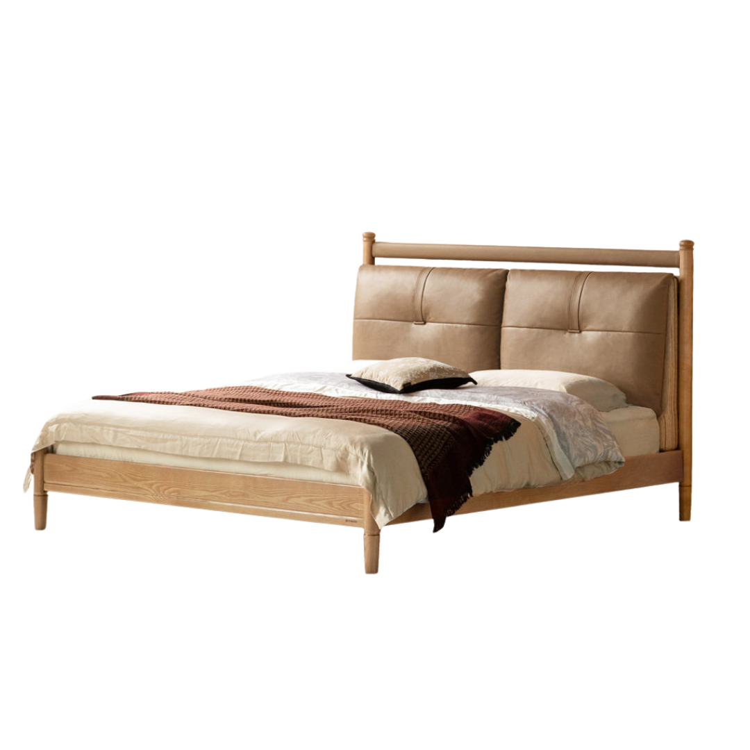 Ash Solid Wood Bed with Plush Genuine Leather Cushioned Headboard