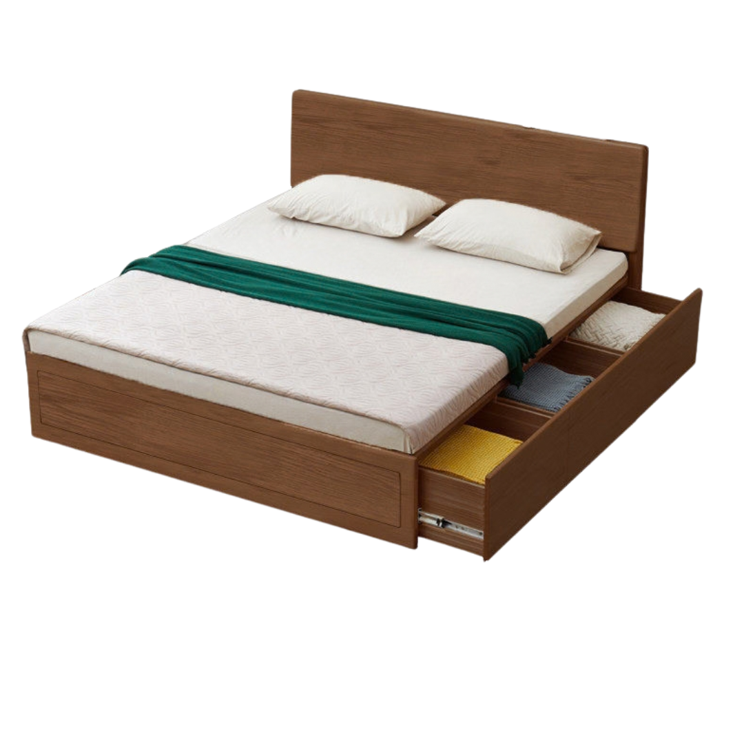 Ash, Oak, Black Walnut Solid Wood Box Bed with Drawers