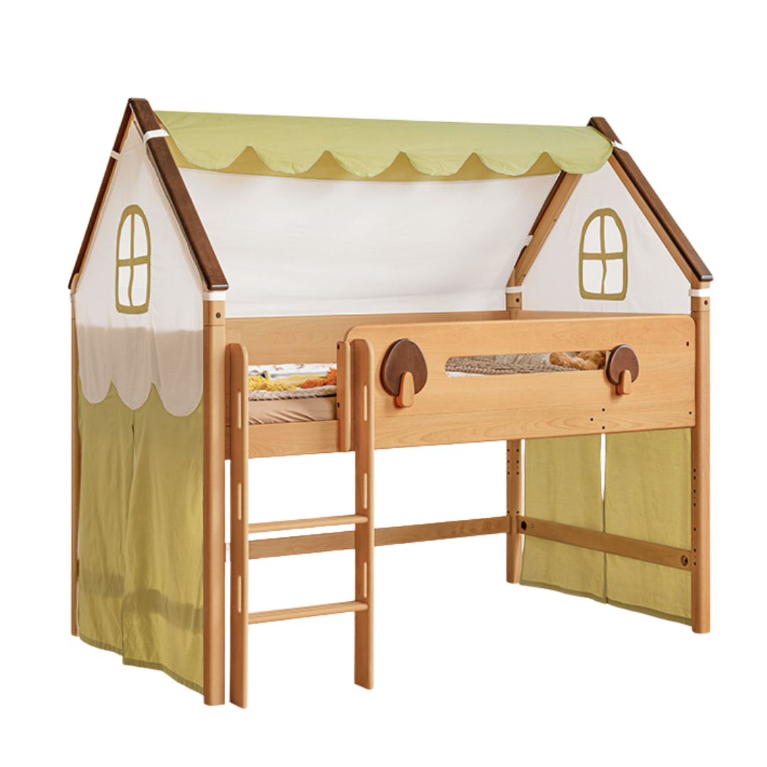 Beech Solid Wood House-Frame Loft Bed with Bookshelf and Storage Drawers