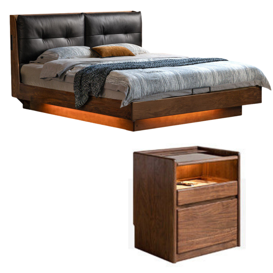 Black Walnut Solid Wood Genuine Leather Lift-Up Storage Bed with Tufted Headboard and LED Floating Base