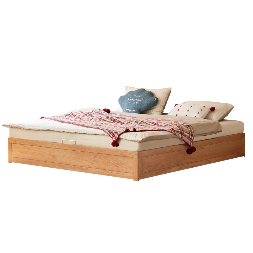 Oak, Rubberwood, Cherry Solid Wood Platform Box Bed, Headboard-Free Bed Modern Minimalist