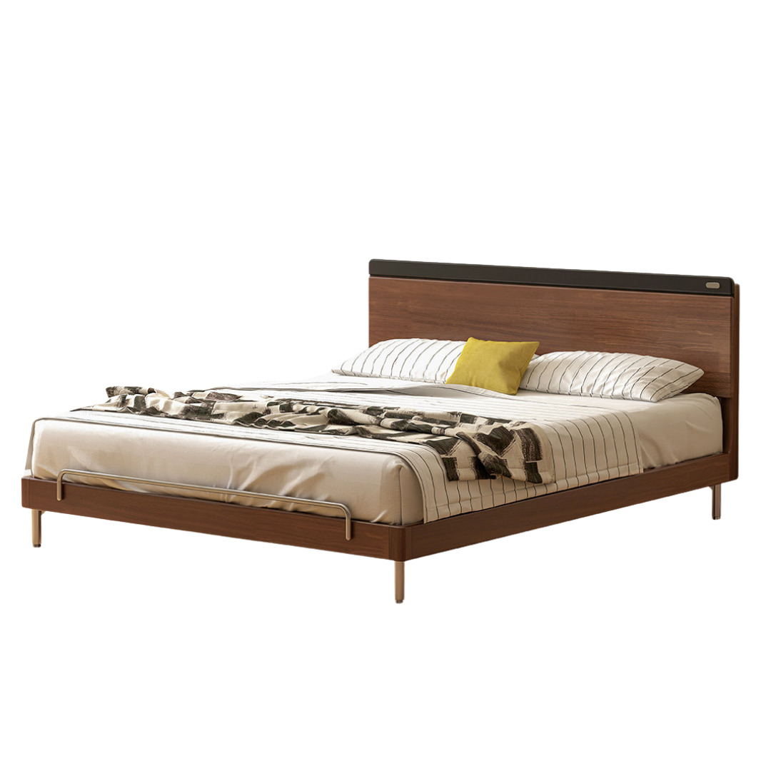 Rubberwood Solid Wood Platform Bed with Metal Legs and Two-Tone Headboard