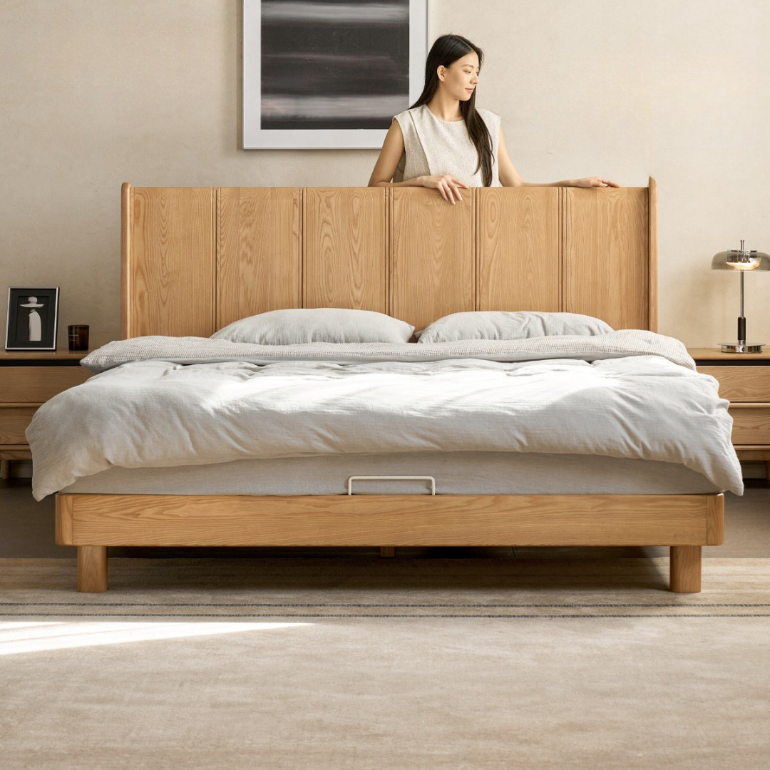 Ash Solid Wood Extra Tall Fluted Wood Headboard Platform Bed