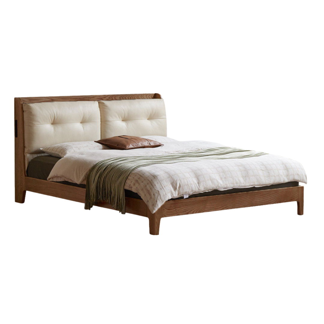 Ash Solid Wood Modern Leather Tufted Platform Bed with USB Charging Port