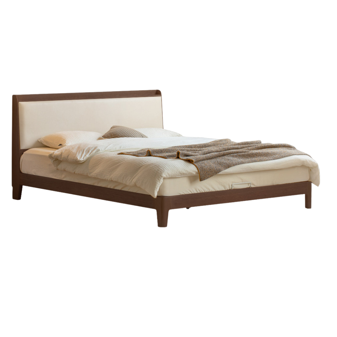 Golden Rosewood Solid Wood Modern Bed with Leather Upholstered Headboard and Built-In Power Outlets