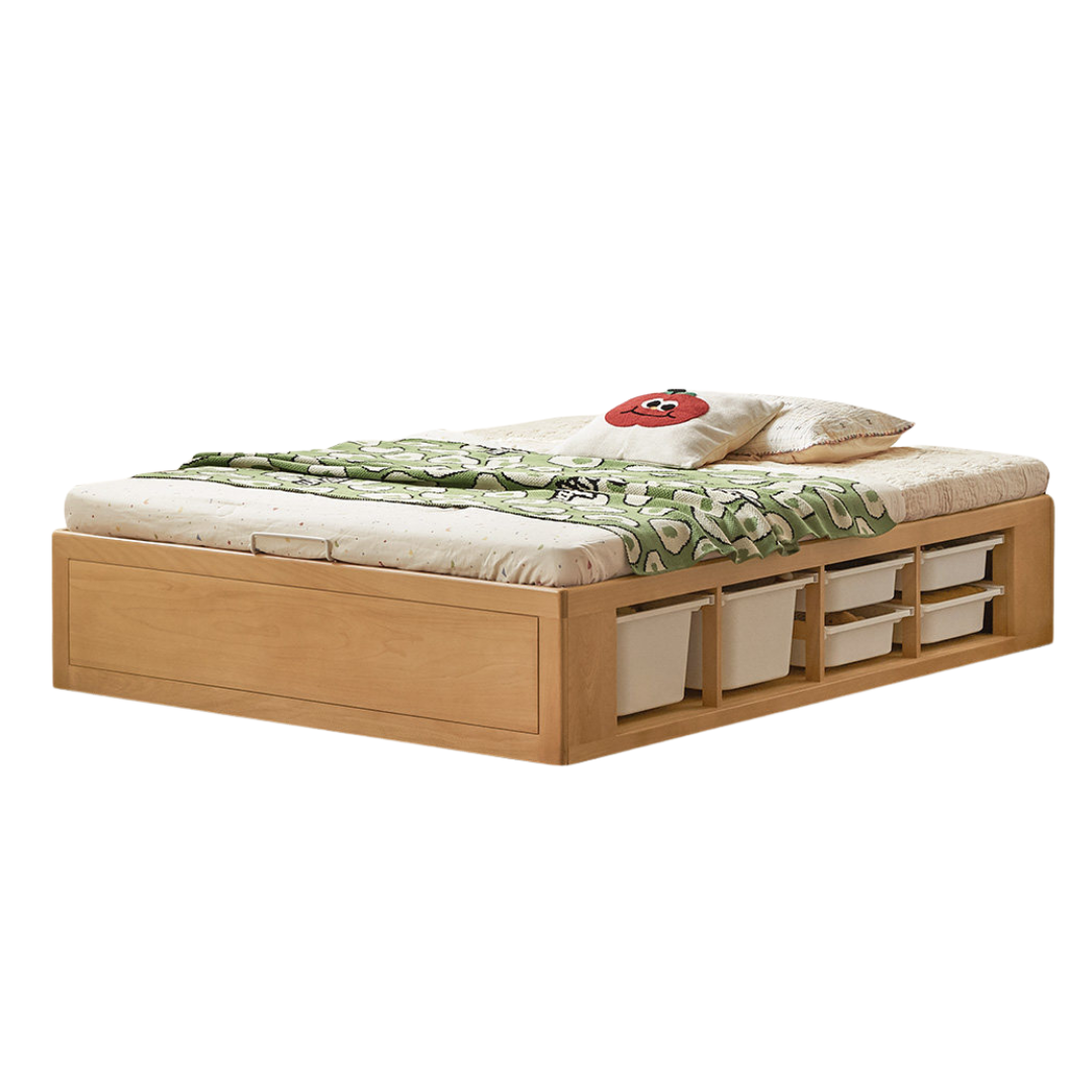 Oak, Beech Solid Wood Children's Box Platform Bed, Headboard-Free Bed