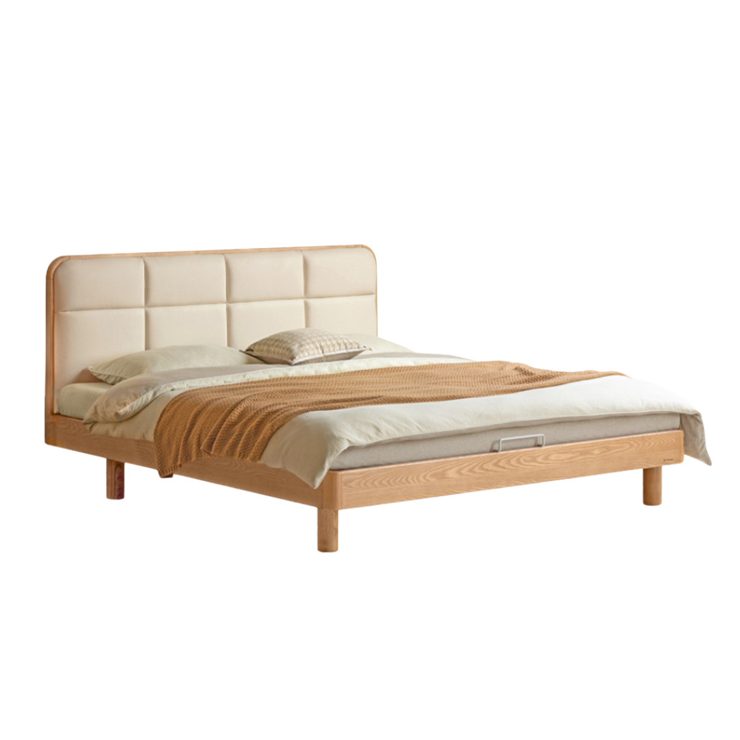 Ash Solid Wood Upholstered Platform Bed with Grid Tufted Headboard