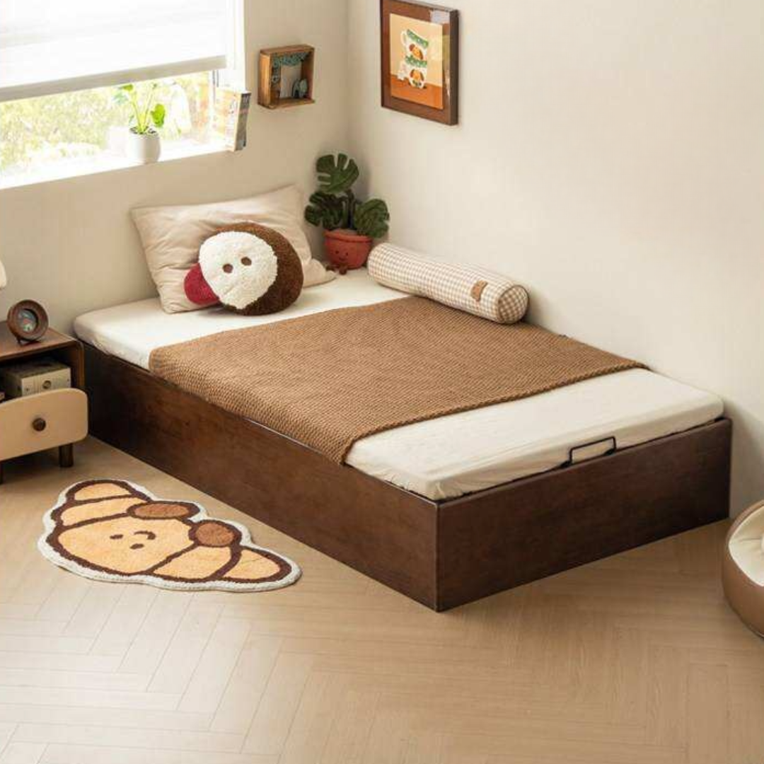 Rubberwood Solid Wood Storage Bed with No Headboard and Side-Opening Lid