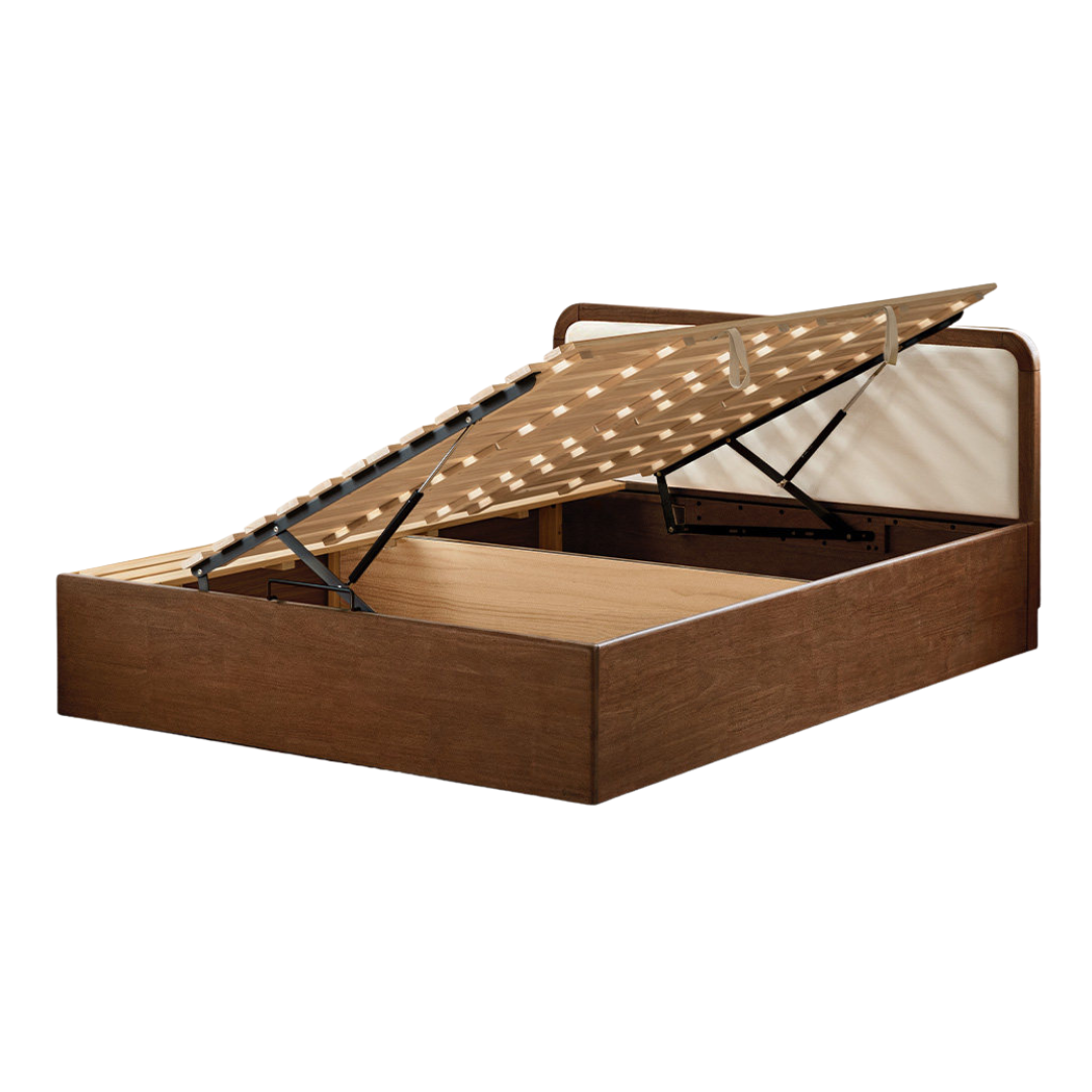 Oak, Rubberwood Solid Wood Upholstered Kids Storage Bed with Gas Lift and Rounded Headboard