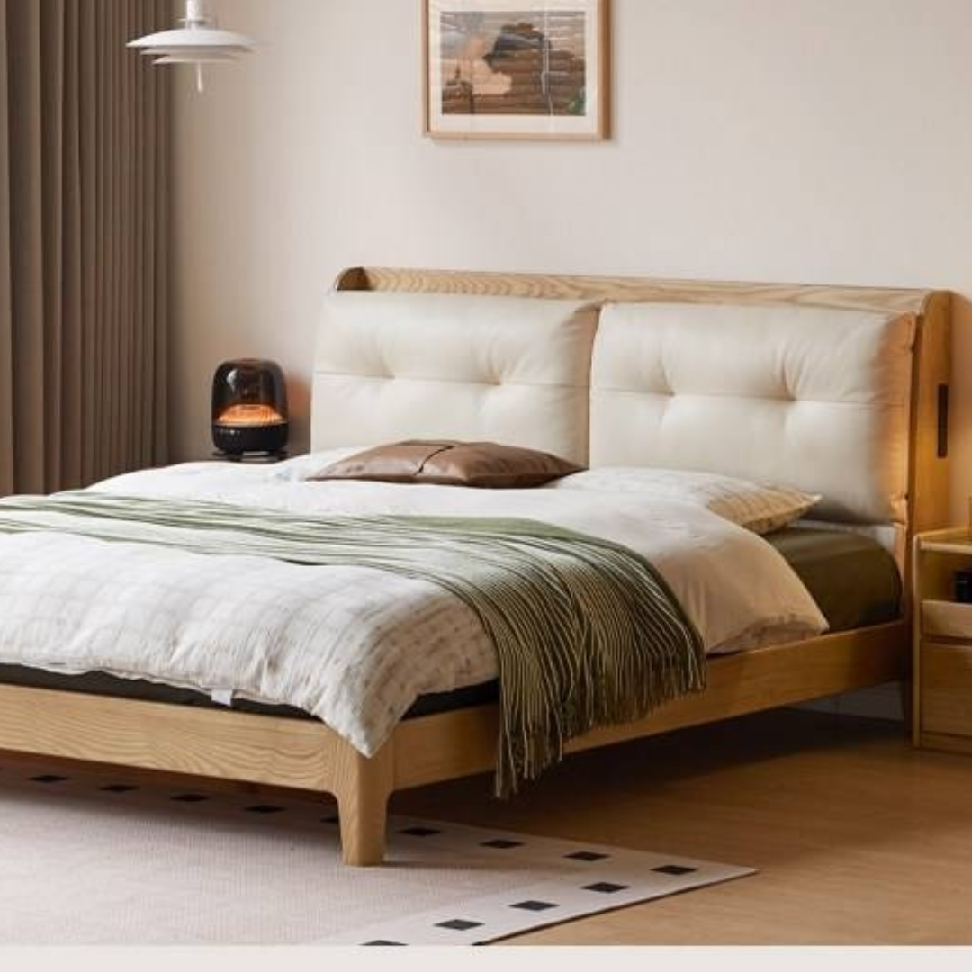 Ash Solid Wood Modern Leather Tufted Platform Bed with USB Charging Port