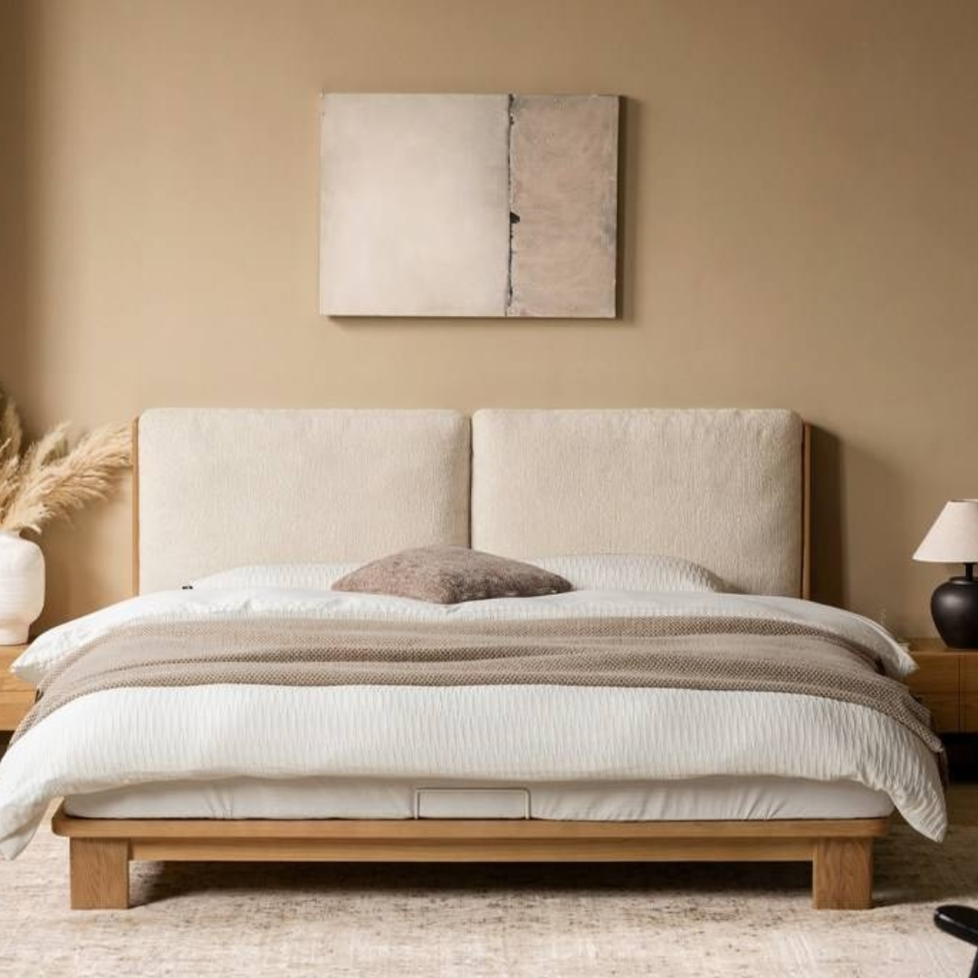 Ash Solid Wood Platform Bed with Split Panel Upholstered Headboard