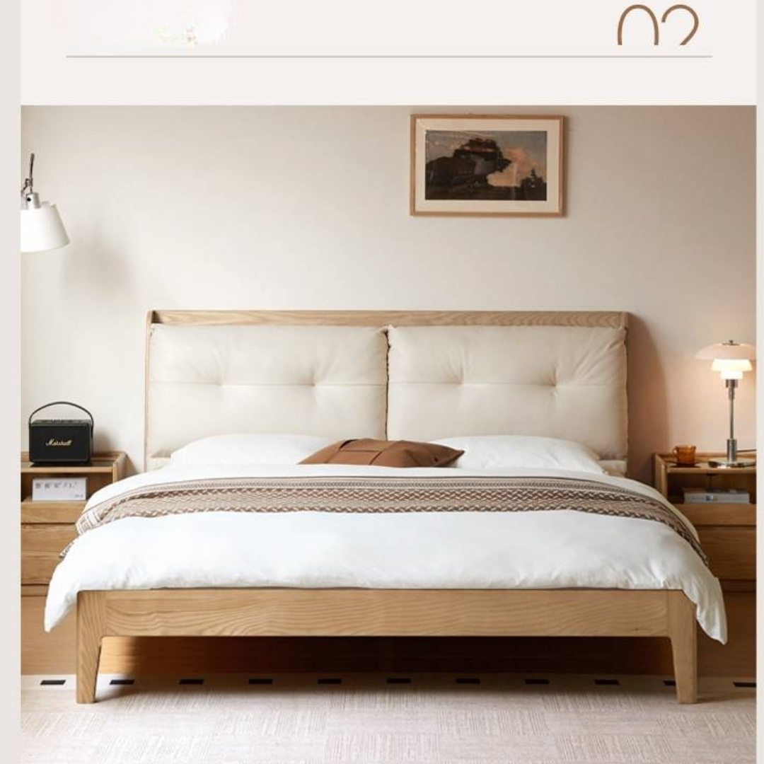 Ash Solid Wood Modern Leather Tufted Platform Bed with USB Charging Port
