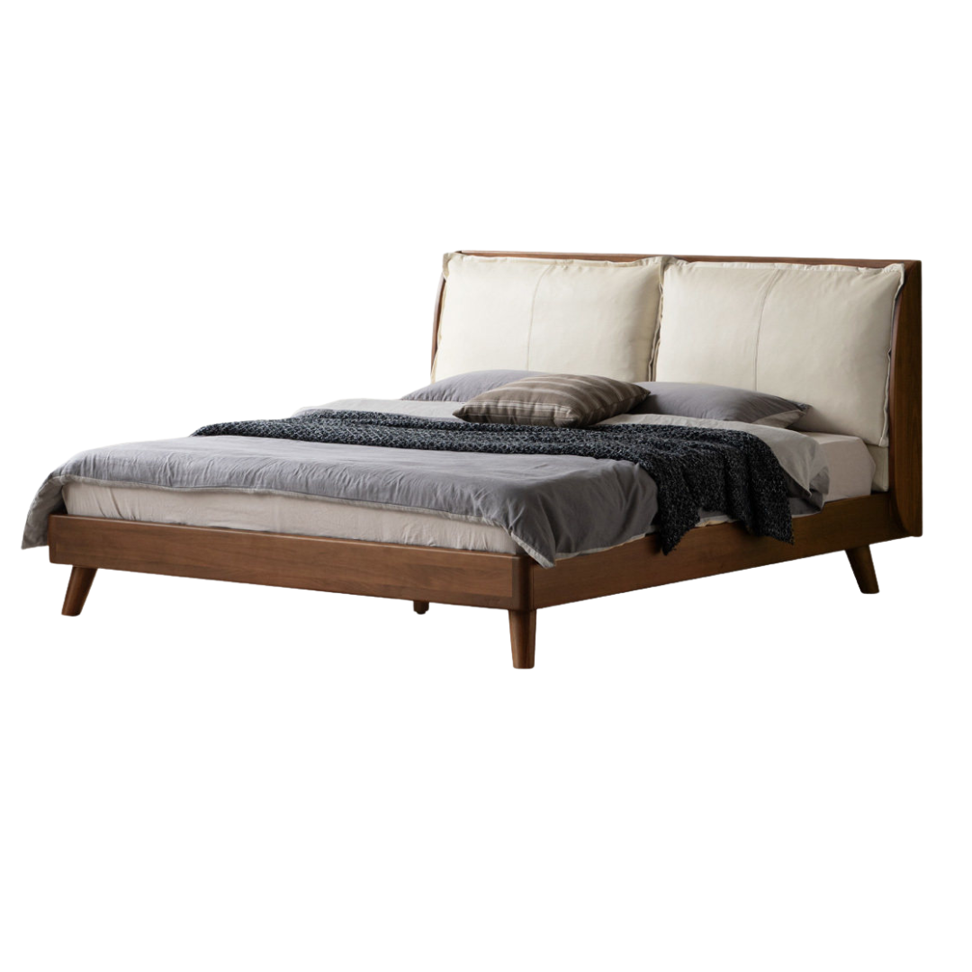 Black Walnut, Sandalwood Solid Wood Genuine Leather,Eco-leather Bed