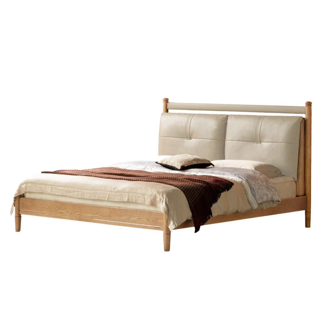 Ash Solid Wood Bed with Plush Genuine Leather Cushioned Headboard