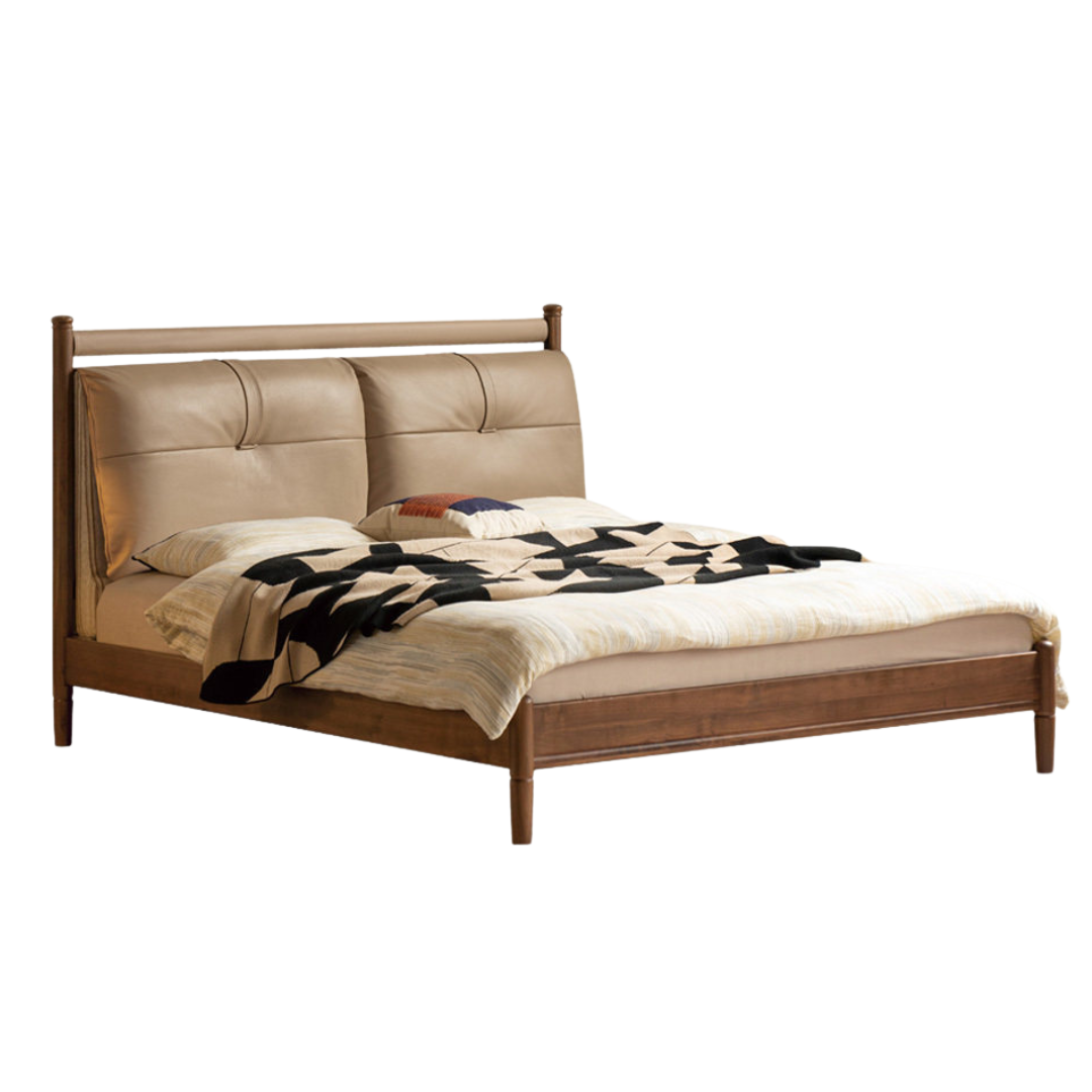 Black Walnut Solid Wood Bed with Plush Genuine Leather Cushioned Headboard