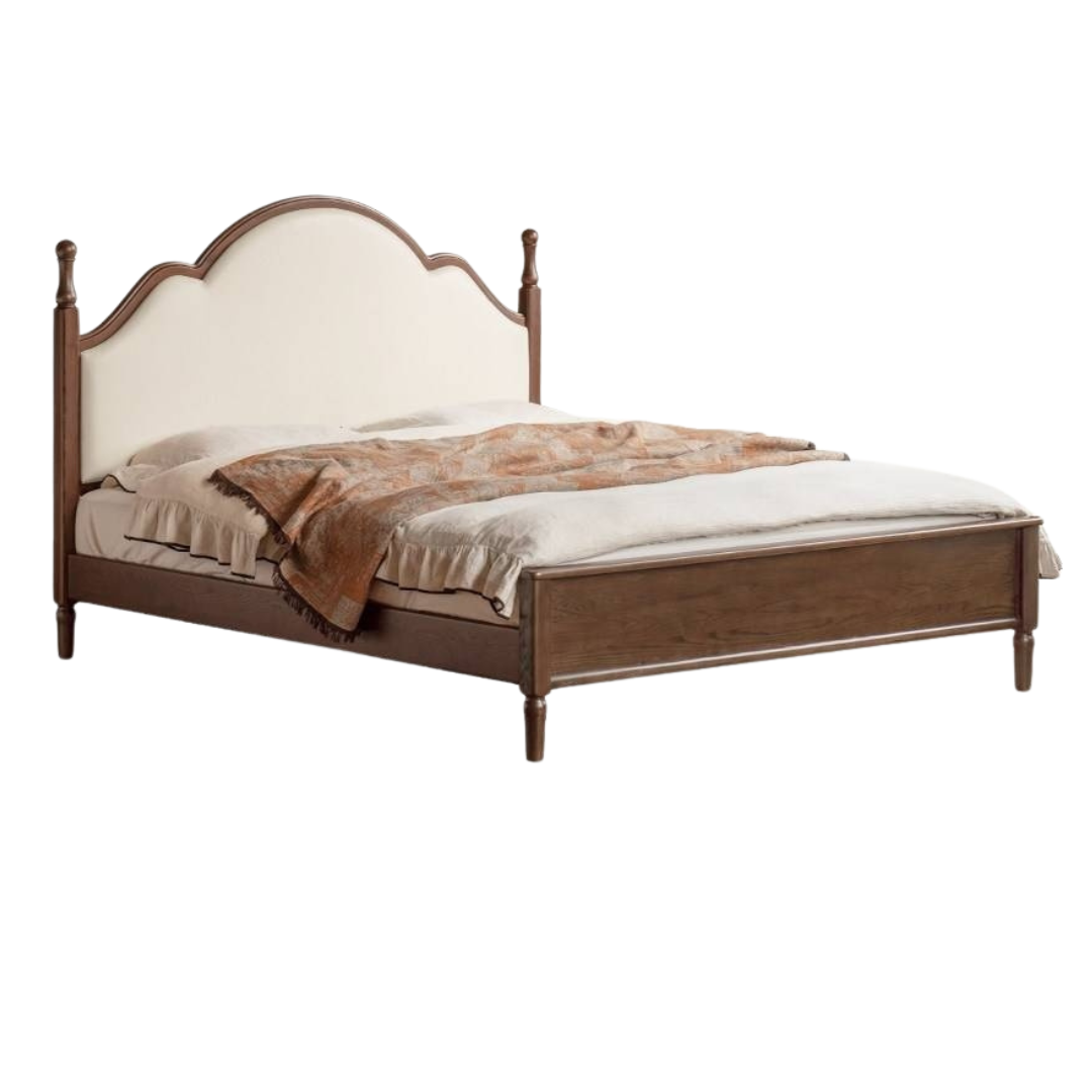 Ash Solid Wood Upholstered Bed with Tall Arched Headboard and Turned Finial Posts