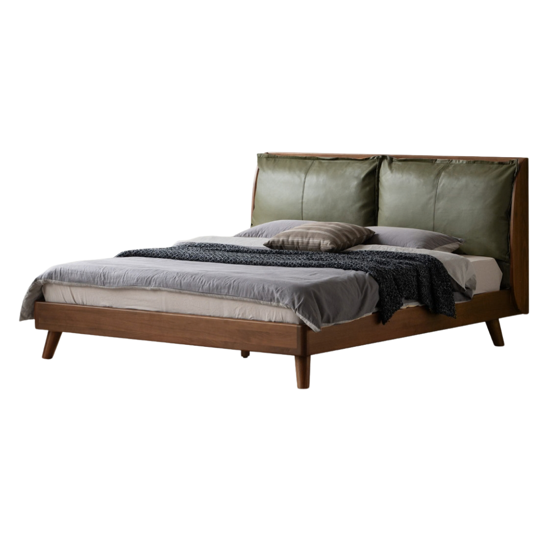 Black Walnut, Sandalwood Solid Wood Genuine Leather,Eco-leather Bed
