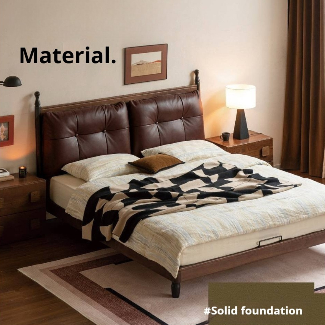 Black Walnut Solid Wood Leather Four Poster Bed with Tufted Headboard