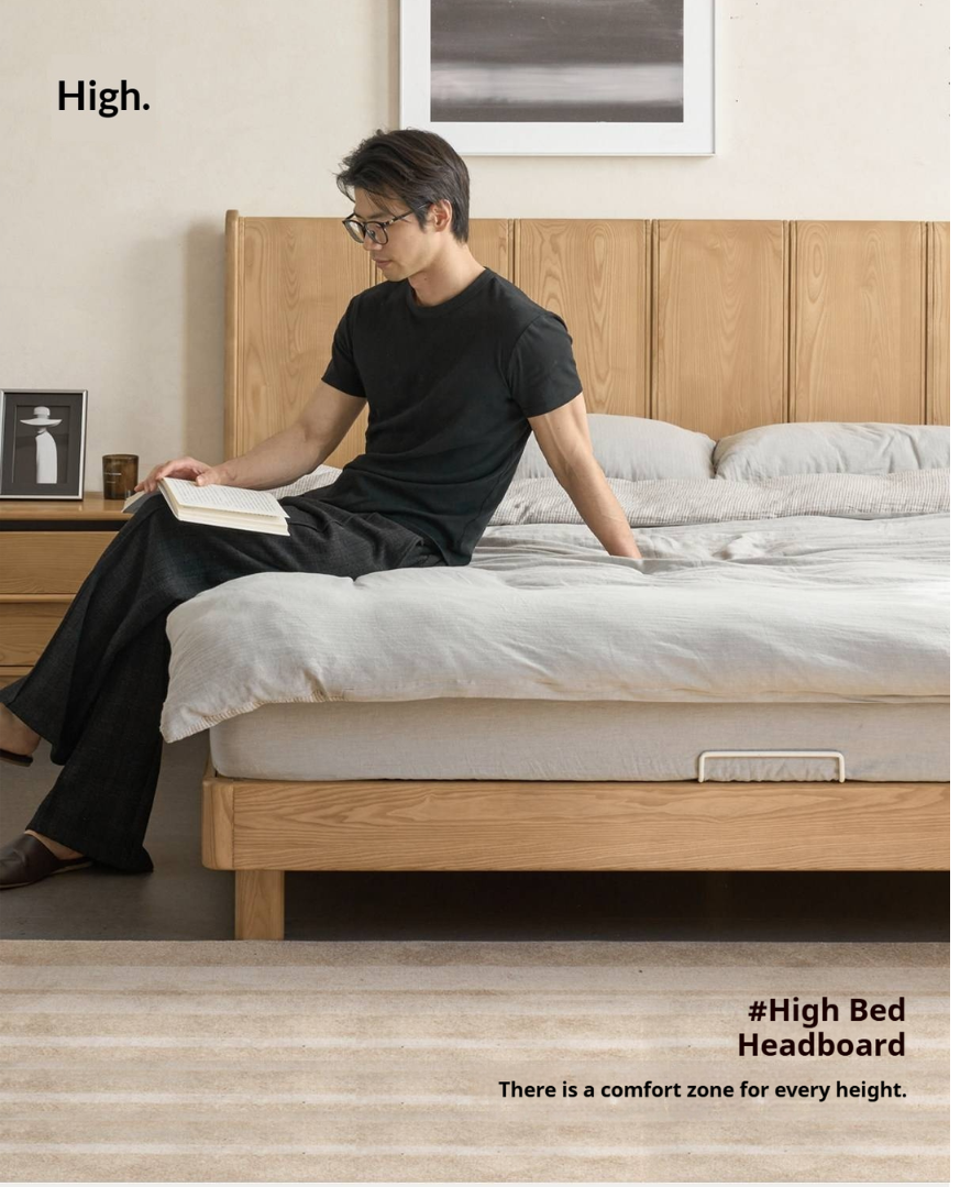 Ash Solid Wood Extra Tall Fluted Wood Headboard Platform Bed