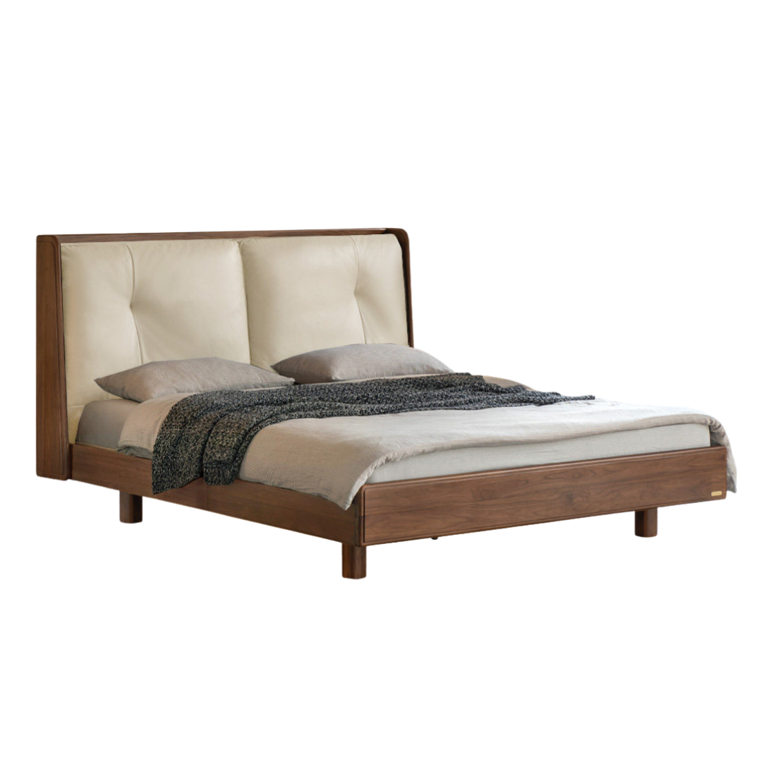Black Walnut Solid Wood Tufted Platform Bed with LED Frame Lighting
