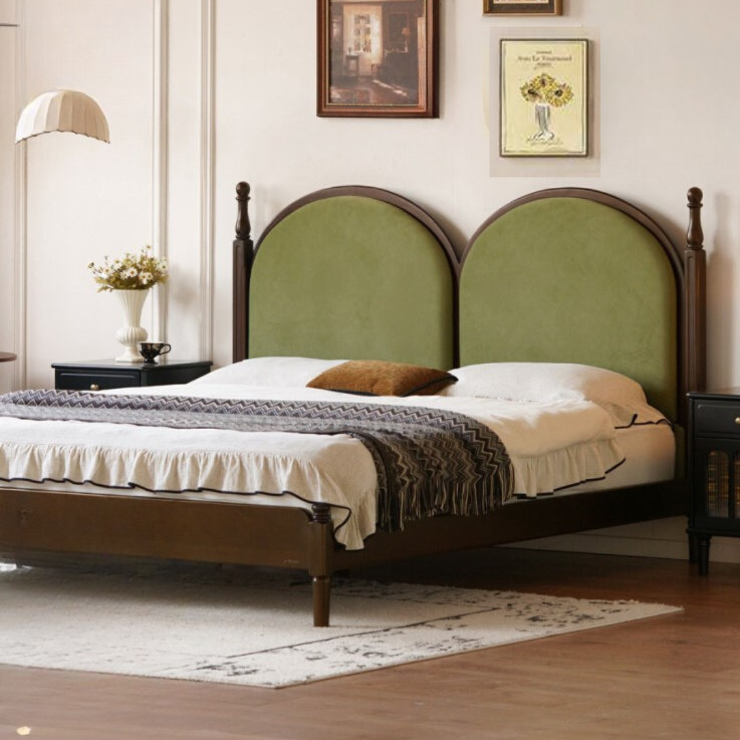 Poplar Solid Wood Bed with Double Arched Upholstered Headboard and Turned Wood Posts