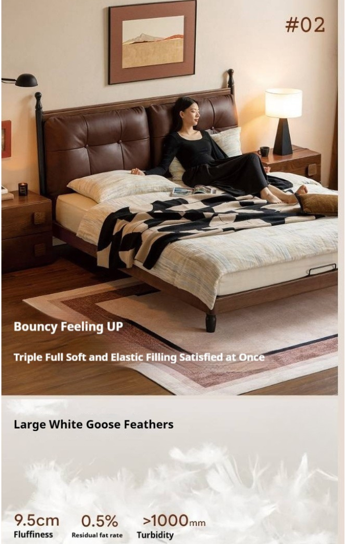 Black Walnut Solid Wood Leather Four Poster Bed with Tufted Headboard