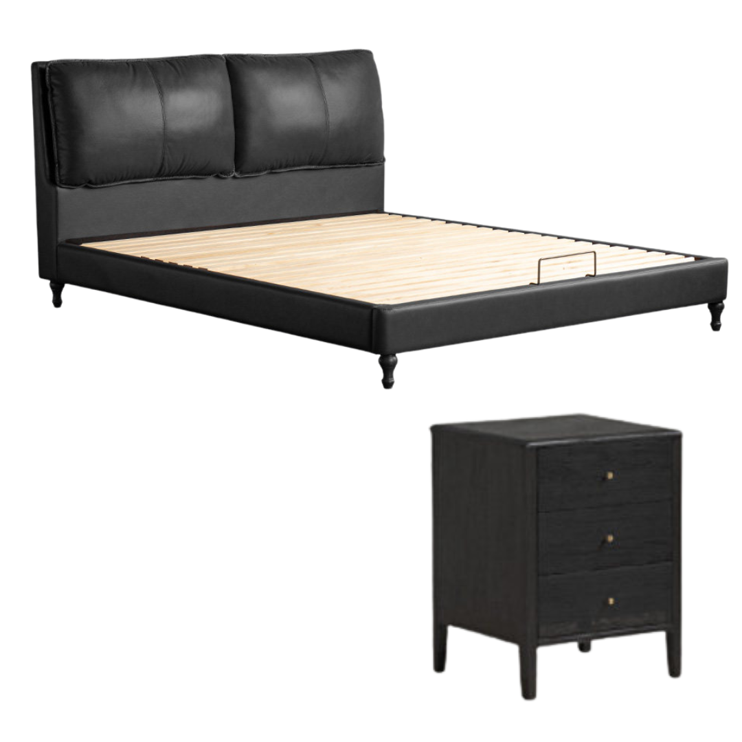 Genuine Leather Bed with Split Panel Headboard and Turned Feet