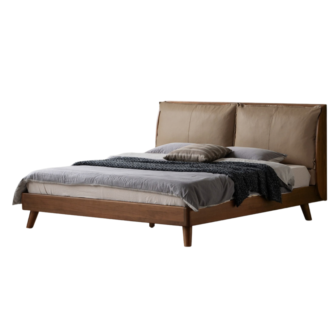 Black Walnut, Sandalwood Solid Wood Genuine Leather,Eco-leather Bed