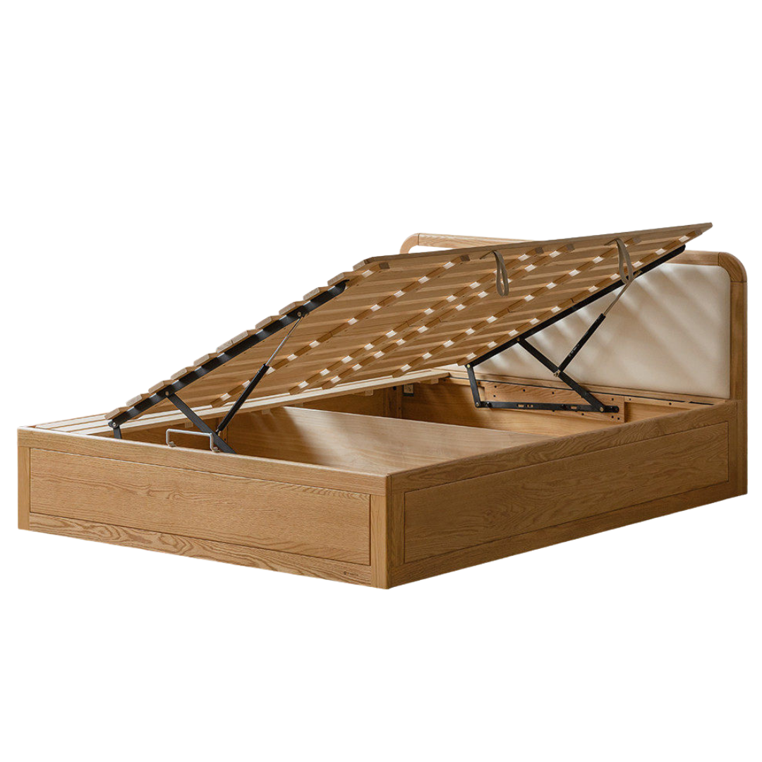 Oak, Rubberwood Solid Wood Upholstered Kids Storage Bed with Gas Lift and Rounded Headboard