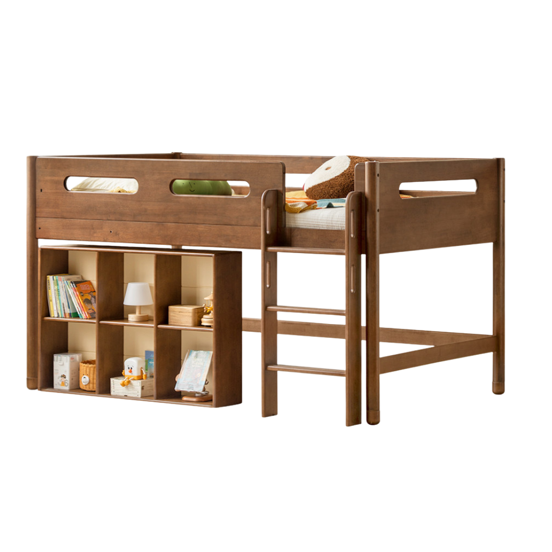 Rubberwood Solid Wood Mid-Height Kids Loft Bed with Staircase and Bookshelf Storage