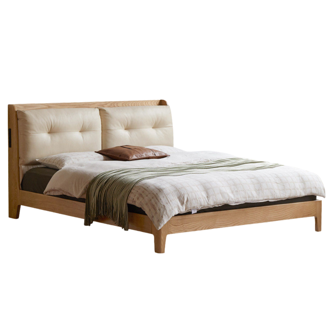 Ash Solid Wood Modern Leather Tufted Platform Bed with USB Charging Port