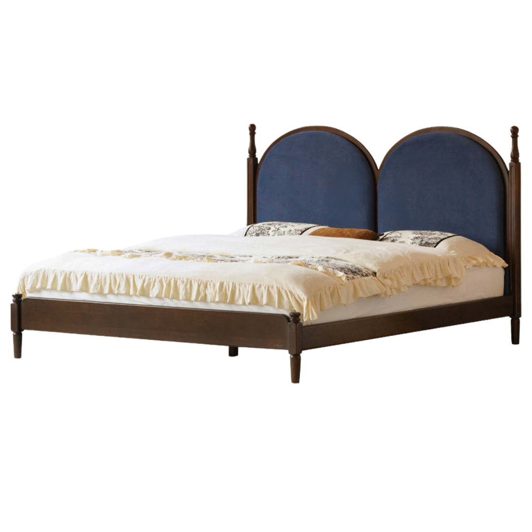Poplar Solid Wood Bed with Double Arched Upholstered Headboard and Turned Wood Posts
