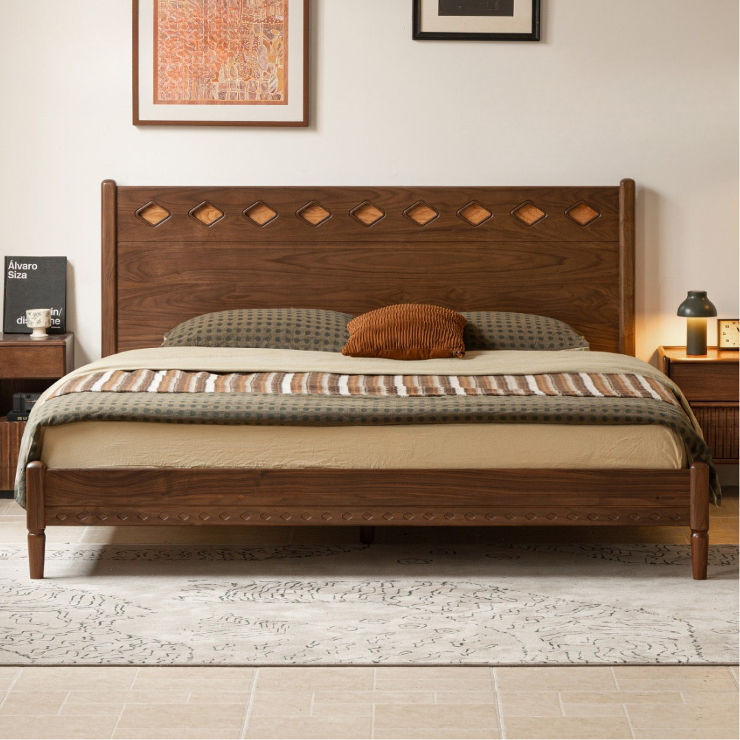 Black Walnut Solid Wood Mid-Century Classic Bed with Cherry Accent Headboard