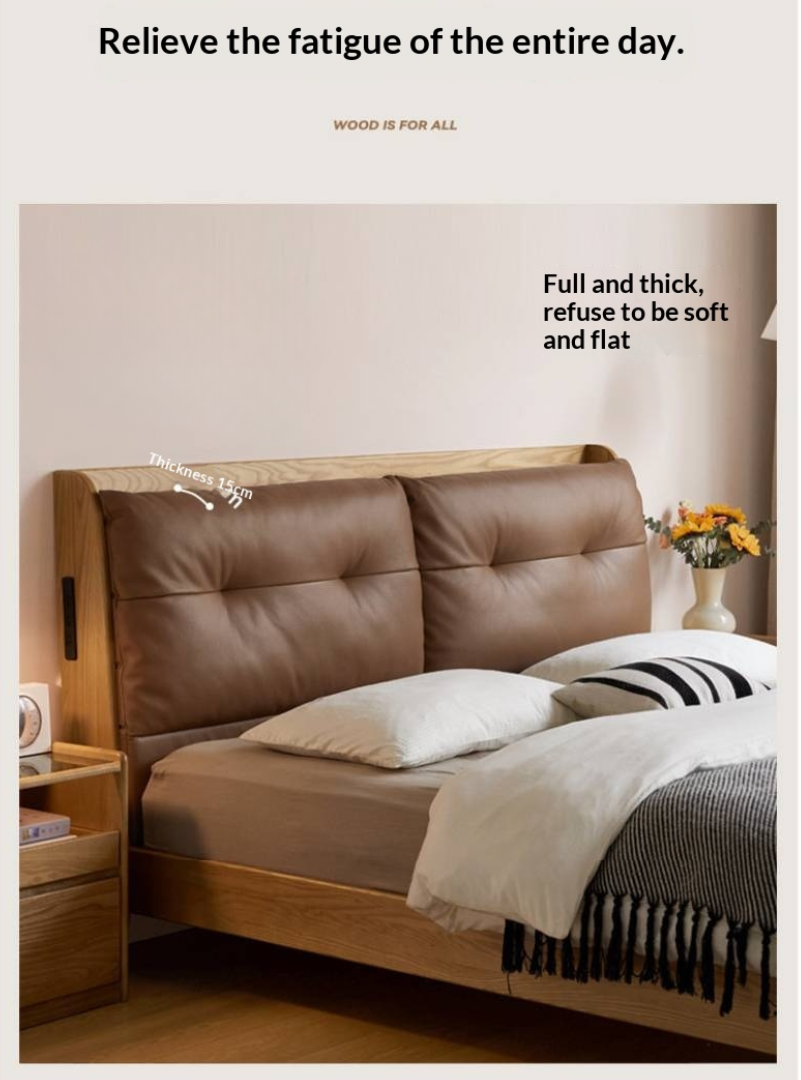 Ash Solid Wood Modern Leather Tufted Platform Bed with USB Charging Port