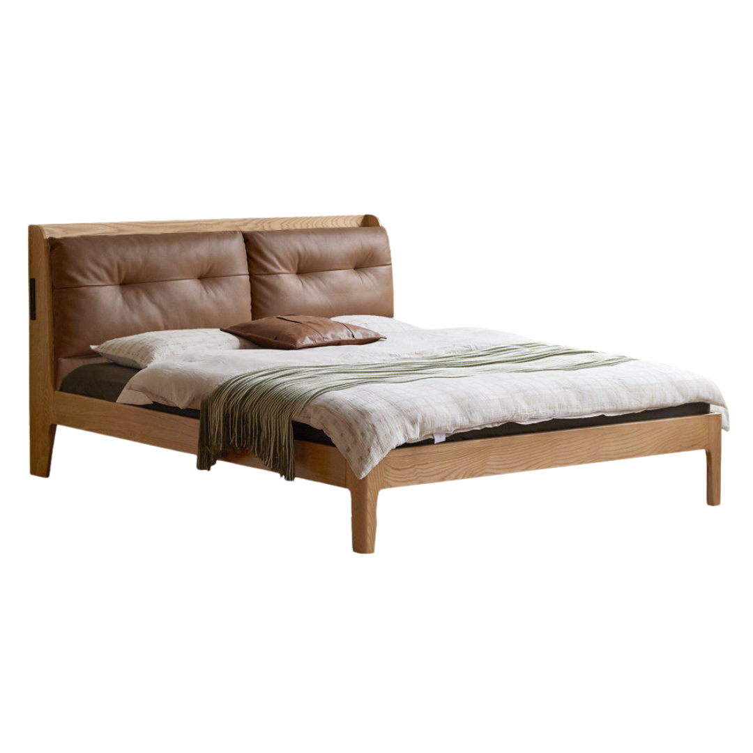 Ash Solid Wood Modern Leather Tufted Platform Bed with USB Charging Port