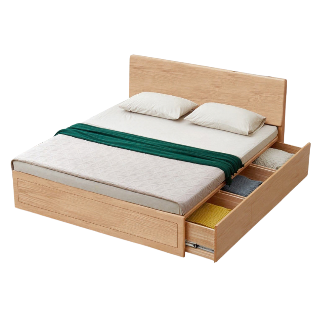 Ash, Oak, Black Walnut Solid Wood Box Bed with Drawers