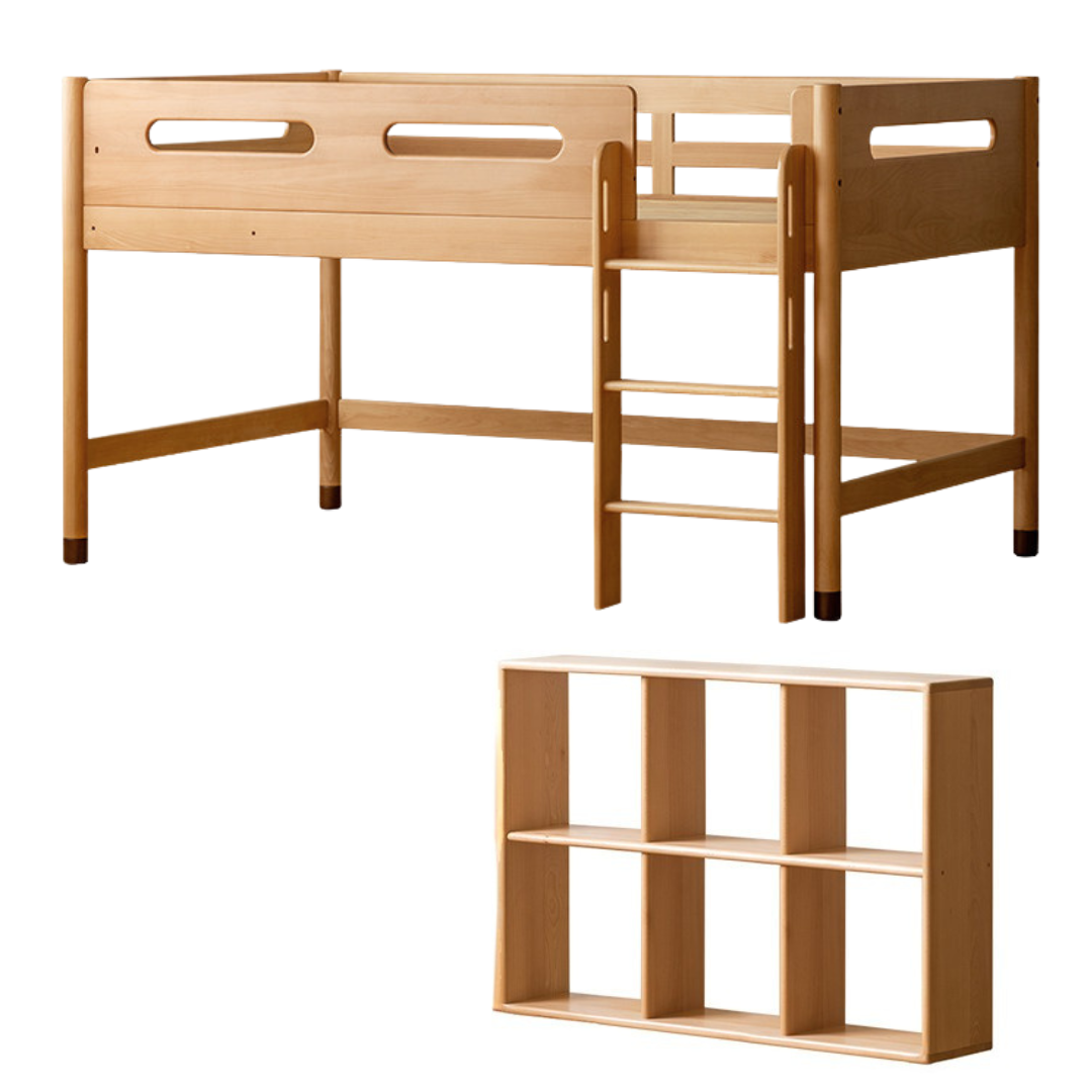 Beech Nordic Children's Solid Wood Loft Bed, Modern Minimalist Multifunctional Combination Bed with Table