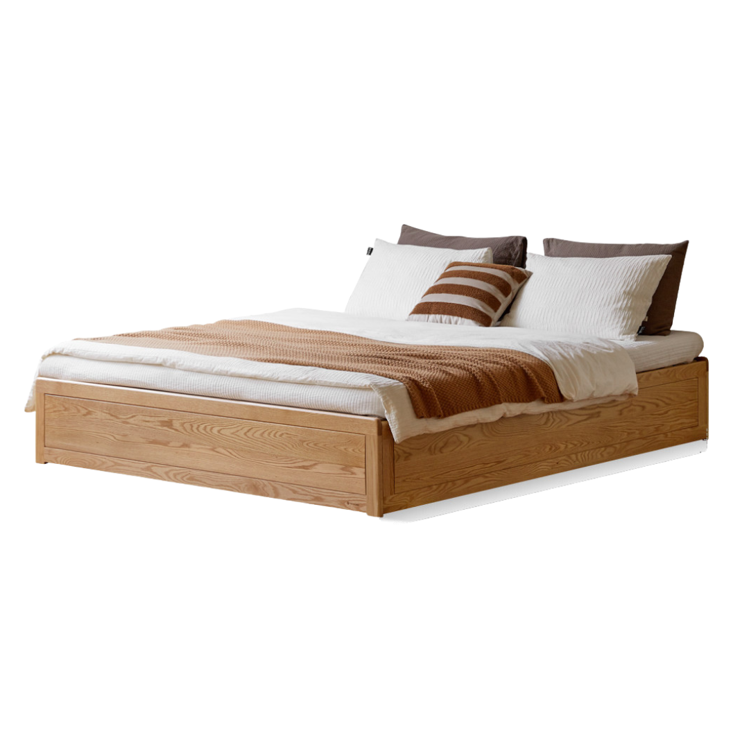 Oak, Rubberwood Solid Wood Platform Bed, Headboard-Free Box Bed