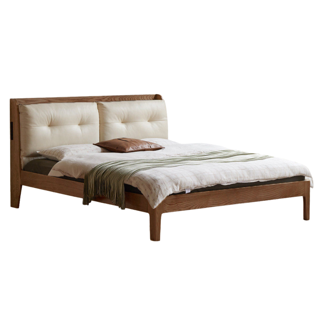Ash Solid Wood Modern Leather Tufted Platform Bed with USB Charging Port