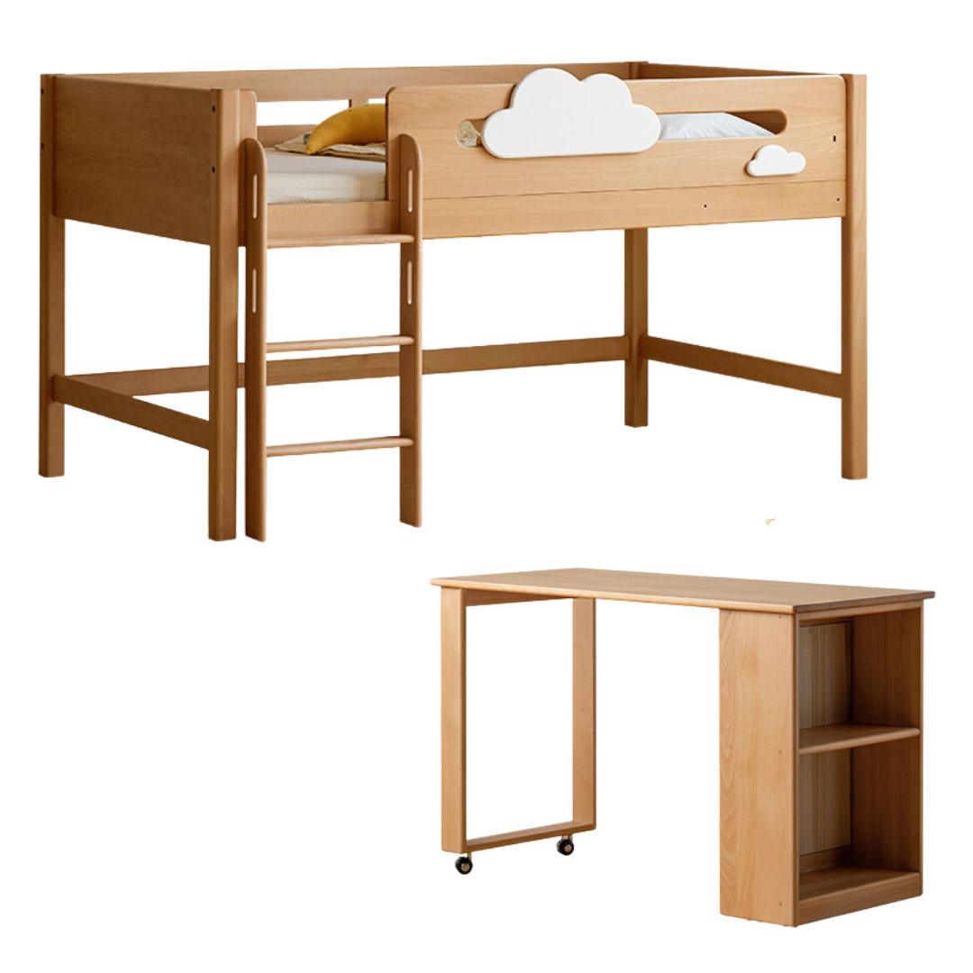 Beech Solid Wood Children's Loft Bed with Under-Table and Storage