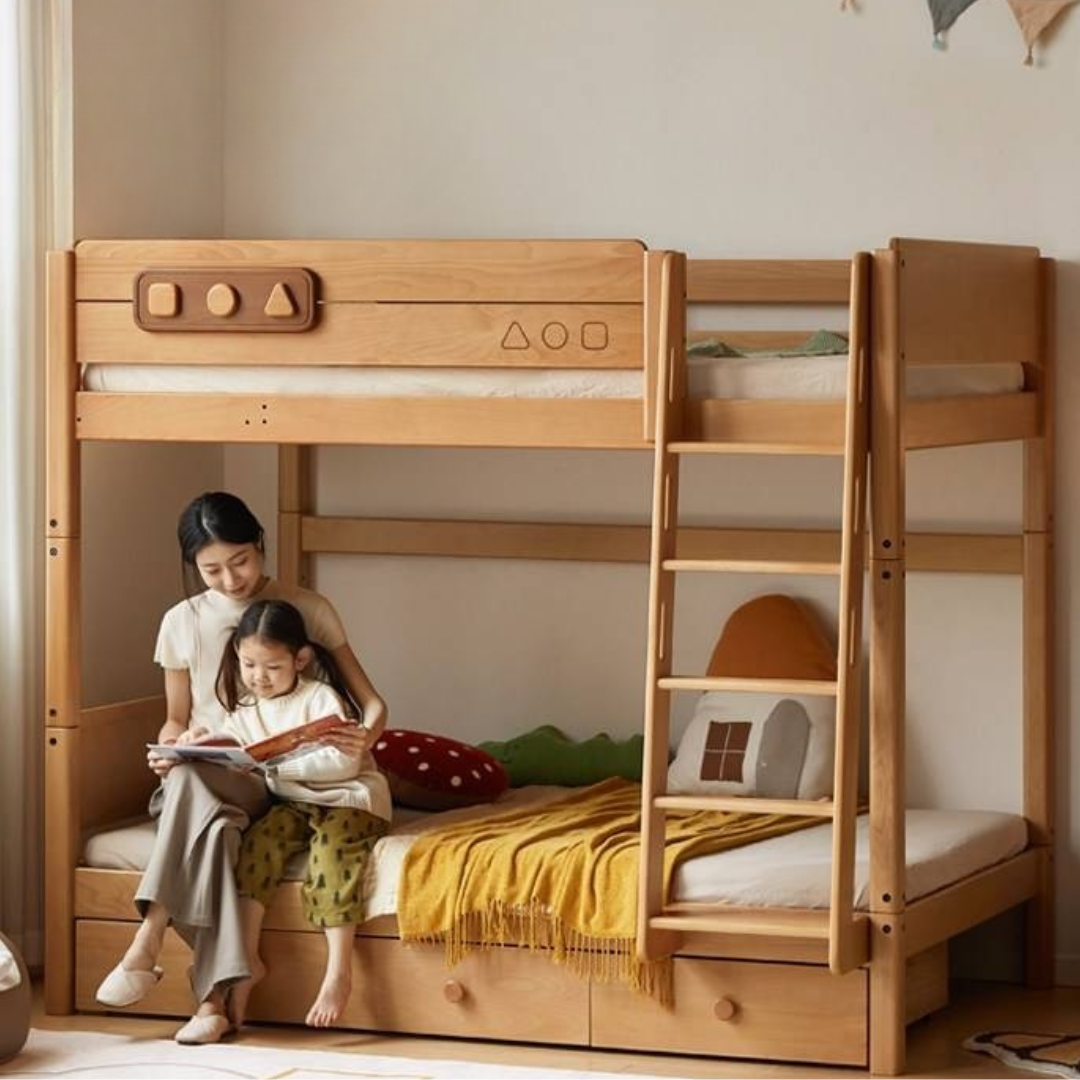 Beech Solid Wood Convertible Bunk Bed with Storage Drawers