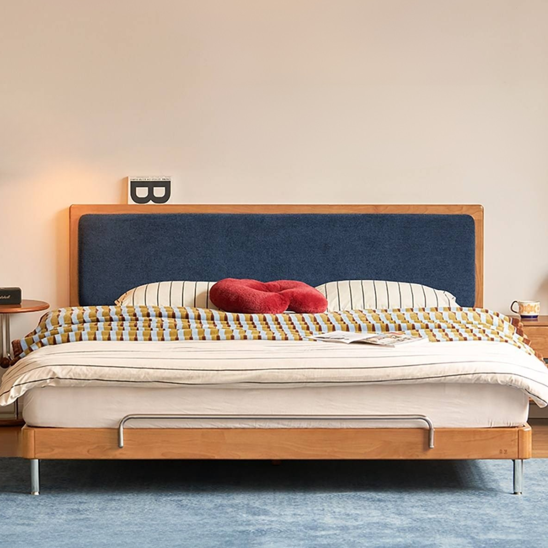 Birch Solid Wood Bauhaus Bed with Chenille Upholstered Headboard and Stainless Steel Legs